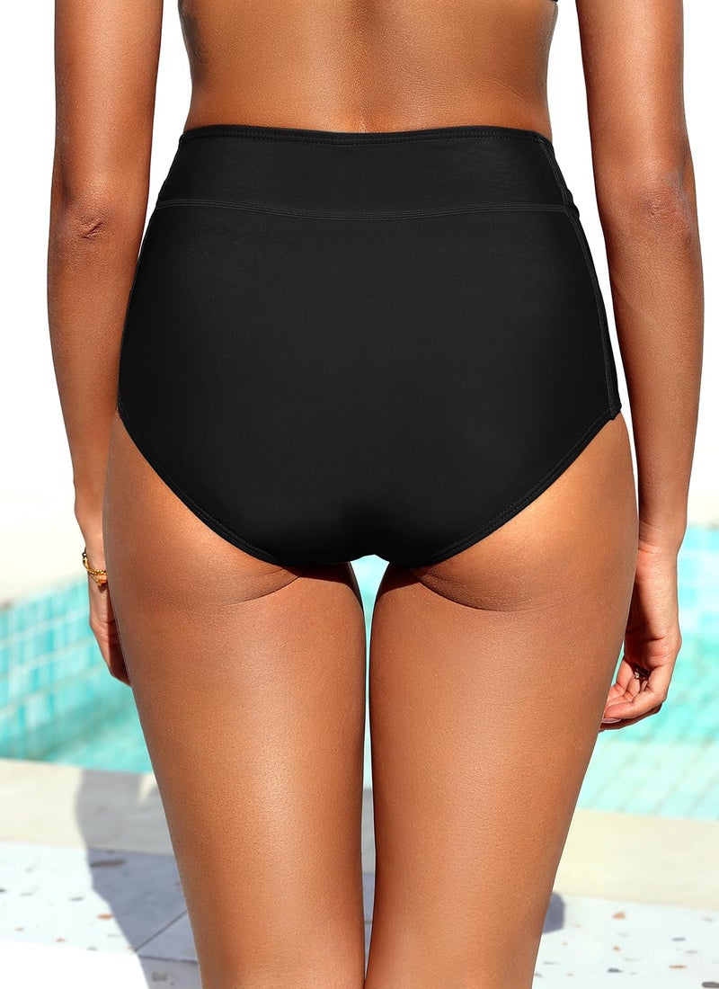 Tempt Me Women High Waisted Swimsuit Bikini Bottoms - Black Tummy Control Swim Bottom Full Coverage Bathing Suit with Pockets 2025 L - Image 2