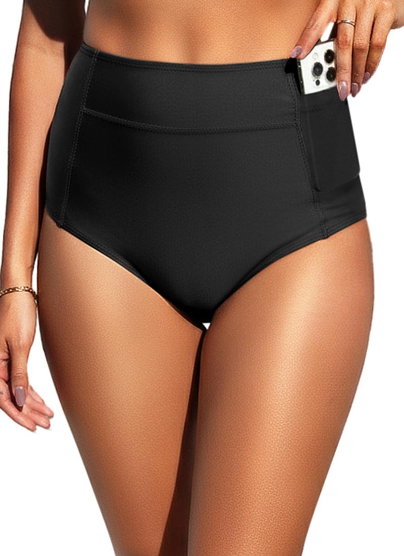 Tempt Me Women High Waisted Swimsuit Bikini Bottoms - Black Tummy Control Swim Bottom Full Coverage Bathing Suit with Pockets 2025 L - Image 1