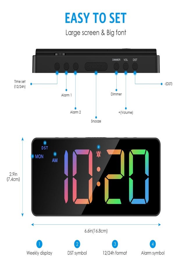 امير ساعة منبه AMIR LED ملونة لغرفة النوم، منبهان مع شاشة كبيرة، تعمل بمنفذ USB، ساعة جانبية مع عرض التاريخ، نظام 12/24 ساعة، مستوى صوت قابل للتعديل، إمكانية التحكم في شدة الإضاءة، غفوة، التوقيت الصيفي، ساعة منبه مثالية لمن ينامون نوماً عميقاً - Image 2