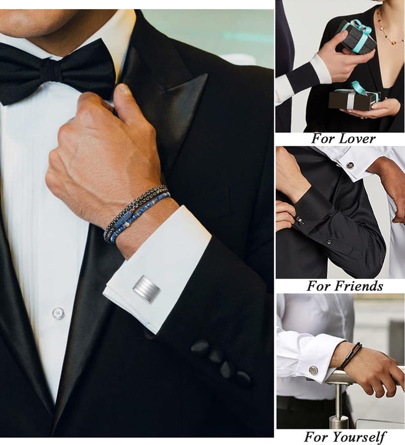 FIRAZIO 12 Pairs Cufflinks for Men Classic Tone Cuff Links Silver Black Striped Disc Square Rectangle Cuff Links Shirt Suit Men’s Cufflinks For Wedding Groom Business Elegant Gift - Image 5