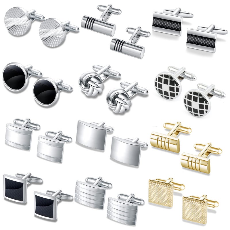 FIRAZIO 12 Pairs Cufflinks for Men Classic Tone Cuff Links Silver Black Striped Disc Square Rectangle Cuff Links Shirt Suit Men’s Cufflinks For Wedding Groom Business Elegant Gift - Image 1