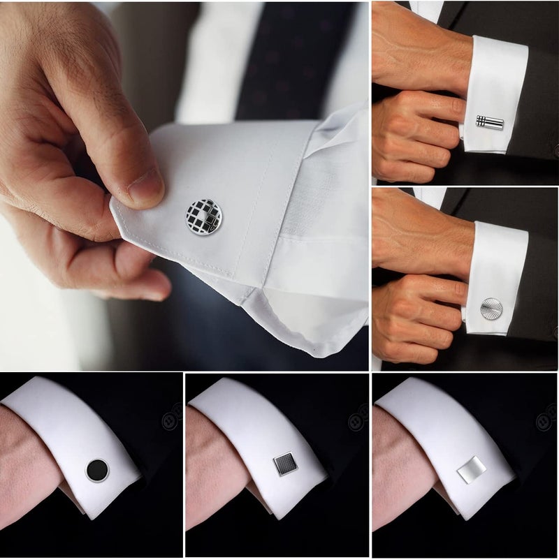 FIRAZIO 12 Pairs Cufflinks for Men Classic Tone Cuff Links Silver Black Striped Disc Square Rectangle Cuff Links Shirt Suit Men’s Cufflinks For Wedding Groom Business Elegant Gift - Image 2
