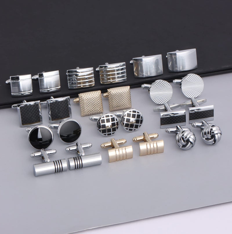 FIRAZIO 12 Pairs Cufflinks for Men Classic Tone Cuff Links Silver Black Striped Disc Square Rectangle Cuff Links Shirt Suit Men’s Cufflinks For Wedding Groom Business Elegant Gift - Image 3