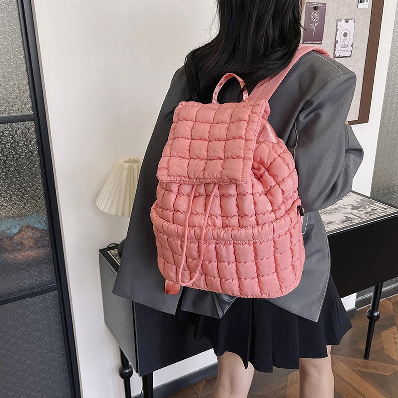 Commuter Travel Large Capacity Down Shoulder Bag Lightweight Fluffy Plaid Casual Korean Style Bag For Women - Image 2