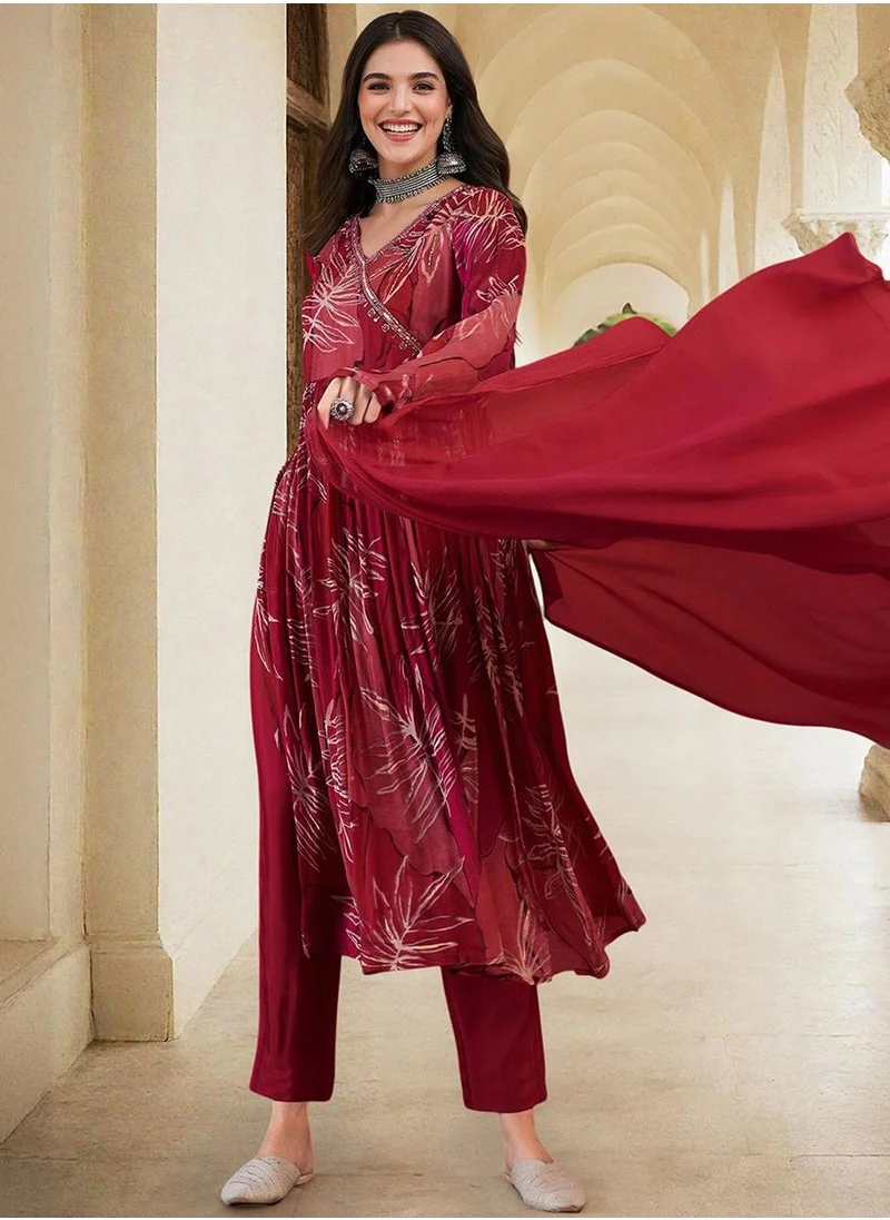 آي شين Women's Red Chiffon Printed Tunic Full Length Casual Straight Fit Kurta Set