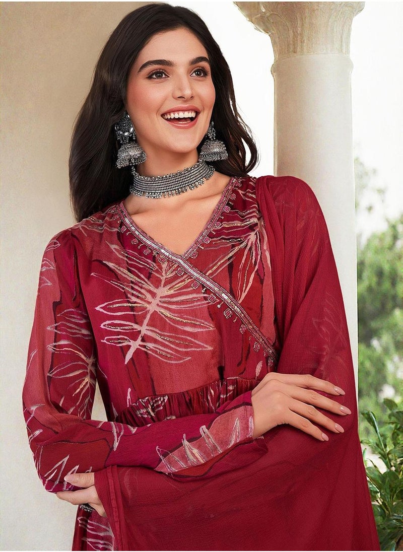 ISHIN Women's Red Chiffon Printed Tunic Full Length Casual Straight Fit Kurta Set  - Image 3