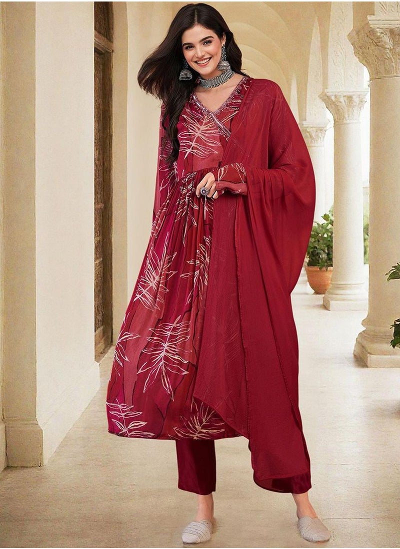 ISHIN Women's Red Chiffon Printed Tunic Full Length Casual Straight Fit Kurta Set  - Image 2