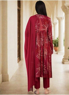 ISHIN Women's Red Chiffon Printed Tunic Full Length Casual Straight Fit Kurta Set  - Image 5