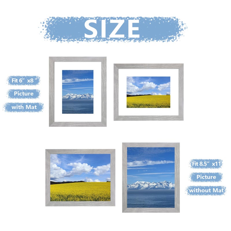 Picrit 8.5x11 Picture Frame Set of 7  Display 6x8 with Mat or 8.5x11 Without Mat  Photo Frames for Wall Mounting or Table Top Display  Gray. - Image 2