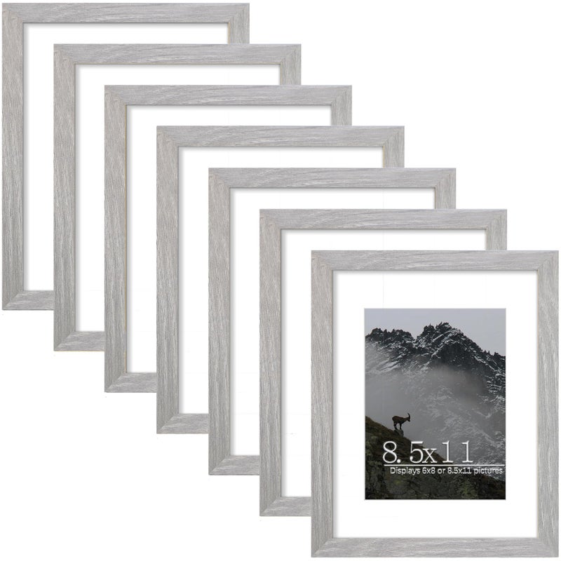 Picrit 8.5x11 Picture Frame Set of 7  Display 6x8 with Mat or 8.5x11 Without Mat  Photo Frames for Wall Mounting or Table Top Display  Gray. - Image 1
