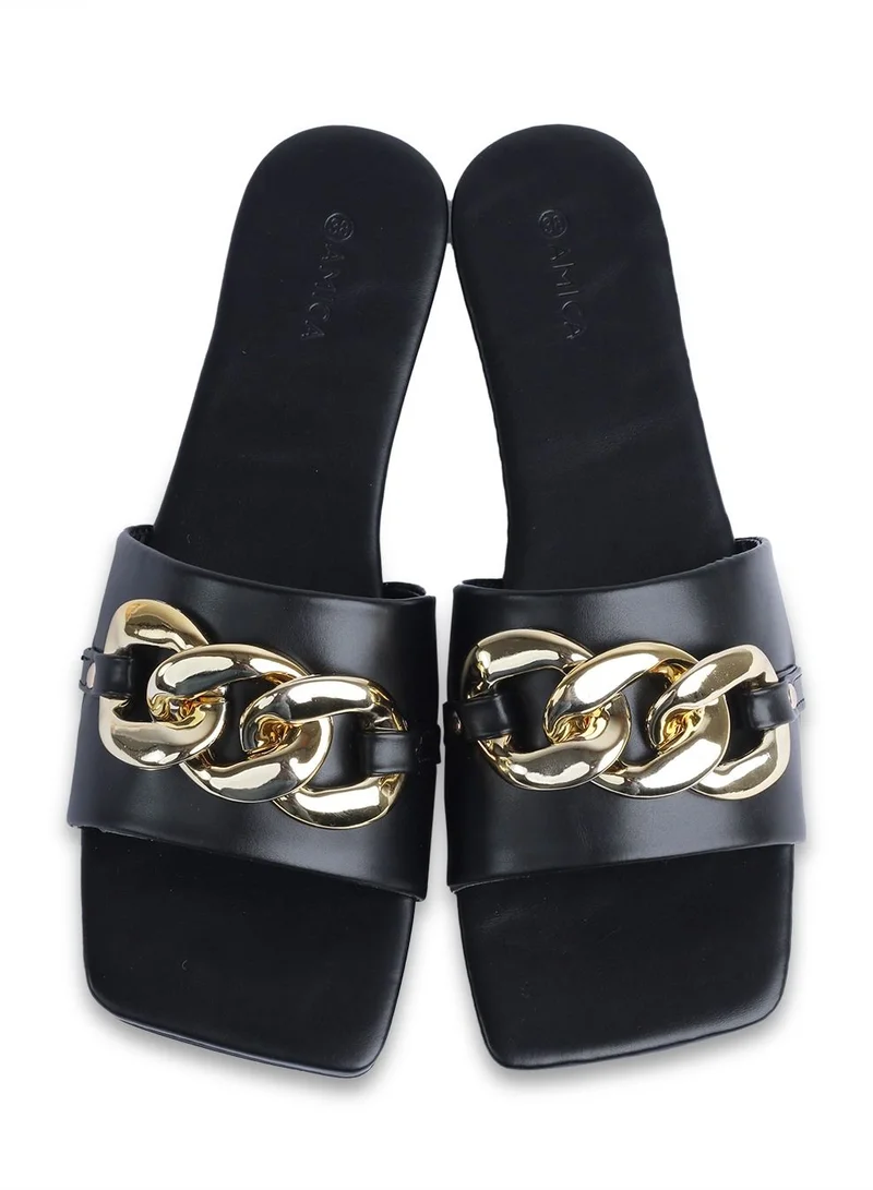 AMICA Nora Women's Square Open Flat Slide Leather Sandals with Embellished Trim