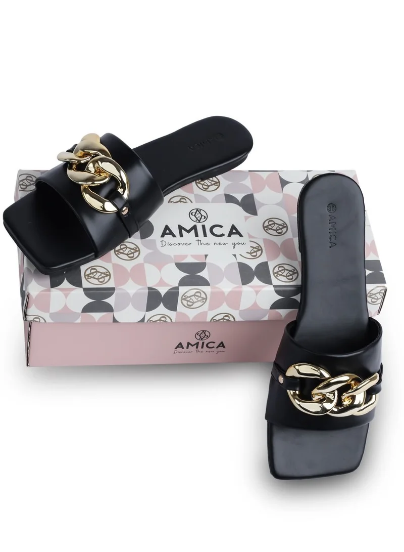 AMICA Nora Women's Square Open Flat Slide Leather Sandals with Embellished Trim