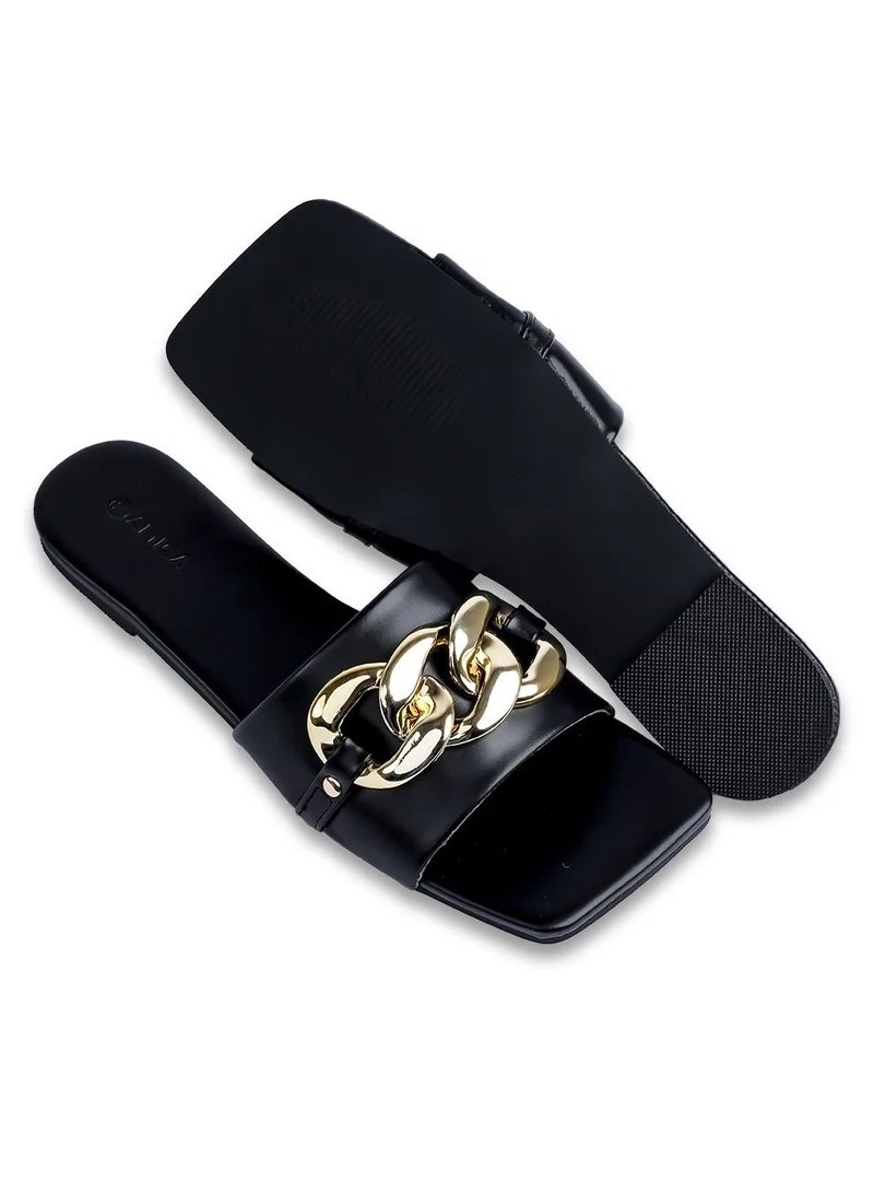AMICA Nora Women's Square Open Flat Slide Leather Sandals with Embellished Trim