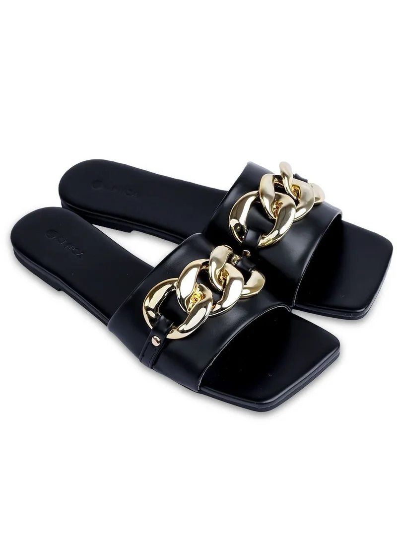 AMICA Nora Women's Square Open Flat Slide Leather Sandals with Embellished Trim