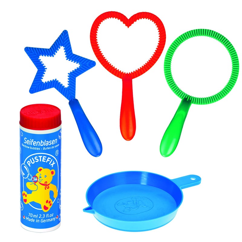 PUSTEFIX Mini Mix Bubble Blowing 3 Wands Toy for Kids Set includes Circle Ring, Heart Ring, Star Ring, Bubble Liquid Tray, and Large 2.35 oz Bubbles Tube,Multicolor - Image 3