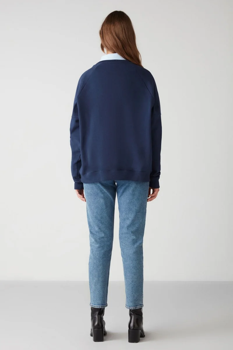 GRIMELANGE Adrielle Relaxed Fit Embroidery Printed Knitted Crew Neck Navy Blue Sweatshirt
