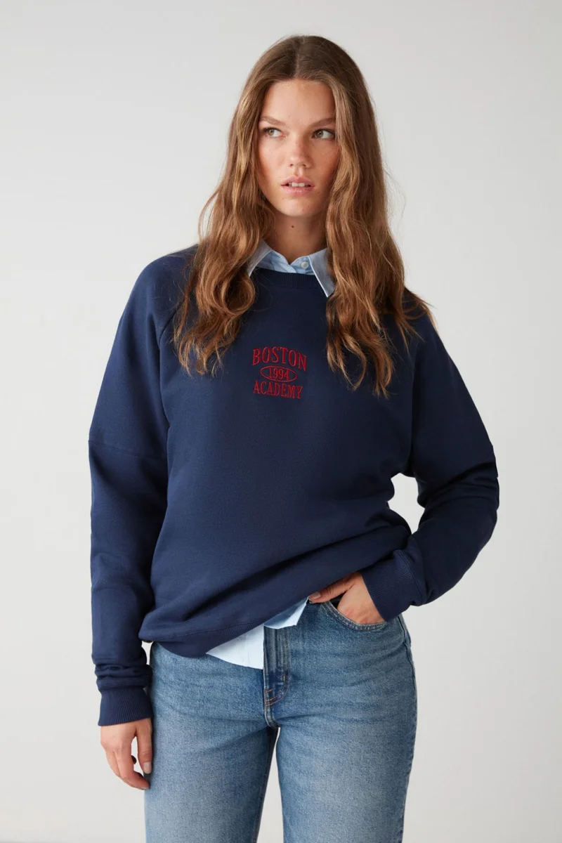 GRIMELANGE Adrielle Relaxed Fit Embroidery Printed Knitted Crew Neck Navy Blue Sweatshirt