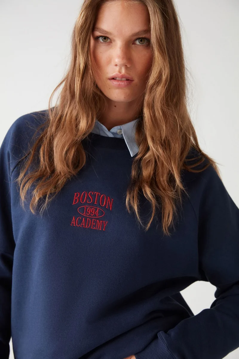 GRIMELANGE Adrielle Relaxed Fit Embroidery Printed Knitted Crew Neck Navy Blue Sweatshirt