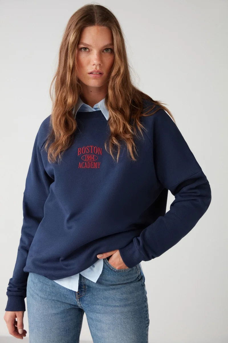GRIMELANGE Adrielle Relaxed Fit Embroidery Printed Knitted Crew Neck Navy Blue Sweatshirt