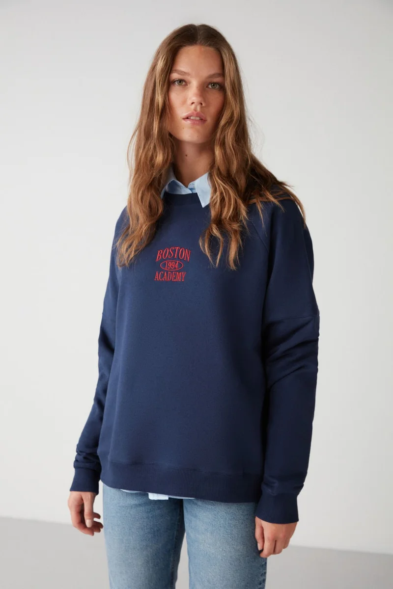 GRIMELANGE Adrielle Relaxed Fit Embroidery Printed Knitted Crew Neck Navy Blue Sweatshirt