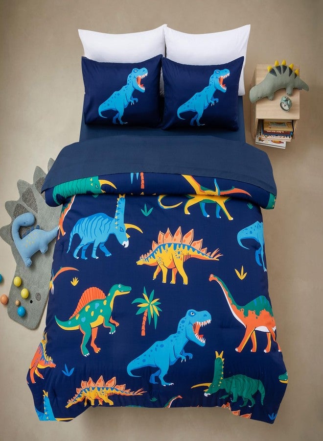 A Nice Night - for Kids Boys Dinosaurs Printed on Navy Blue Bedding Set,5Pcs Bed in A Bag Twin Size Comforter Set, Ultra Soft with Pillowcase (Blue) - Image 1