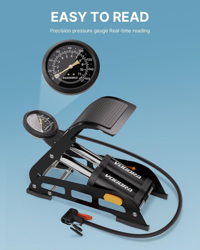 VOGORA Double Barrel Bike Foot Pump with Precision Pressure Gauge - Image 3