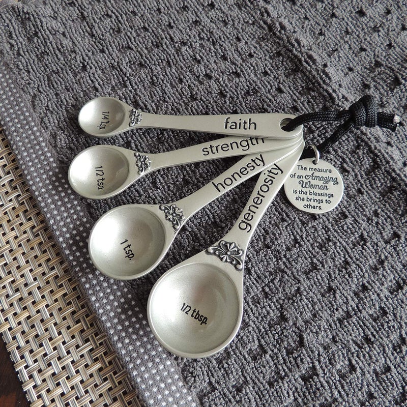 Abbey + CA Gift Amazing Woman Measuring Spoon Set, Decorative Gifts and Kitchen Accessories, 4 Spoons, Engraved Pewter and Silver Enamel, By Abbey & CA Gift - Image 3