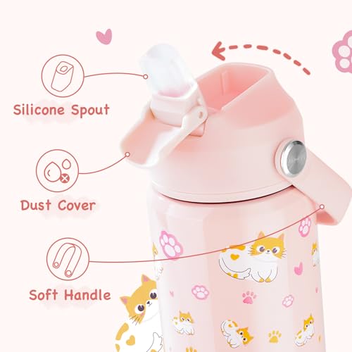 Kerilyn 12oz Kids Water Bottle, Stainless Steel Insulated Water Bottle For Kids, Toddler Cup With Straws Leak-proof, Kids Water Bottles For School Boys Girls, BPA Free, Kitty - Image 3