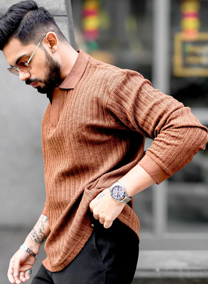 Maniac Maniac Mens Textured Polo V Neck Full Sleeve Brown Cotton Overszied Sweatshirt