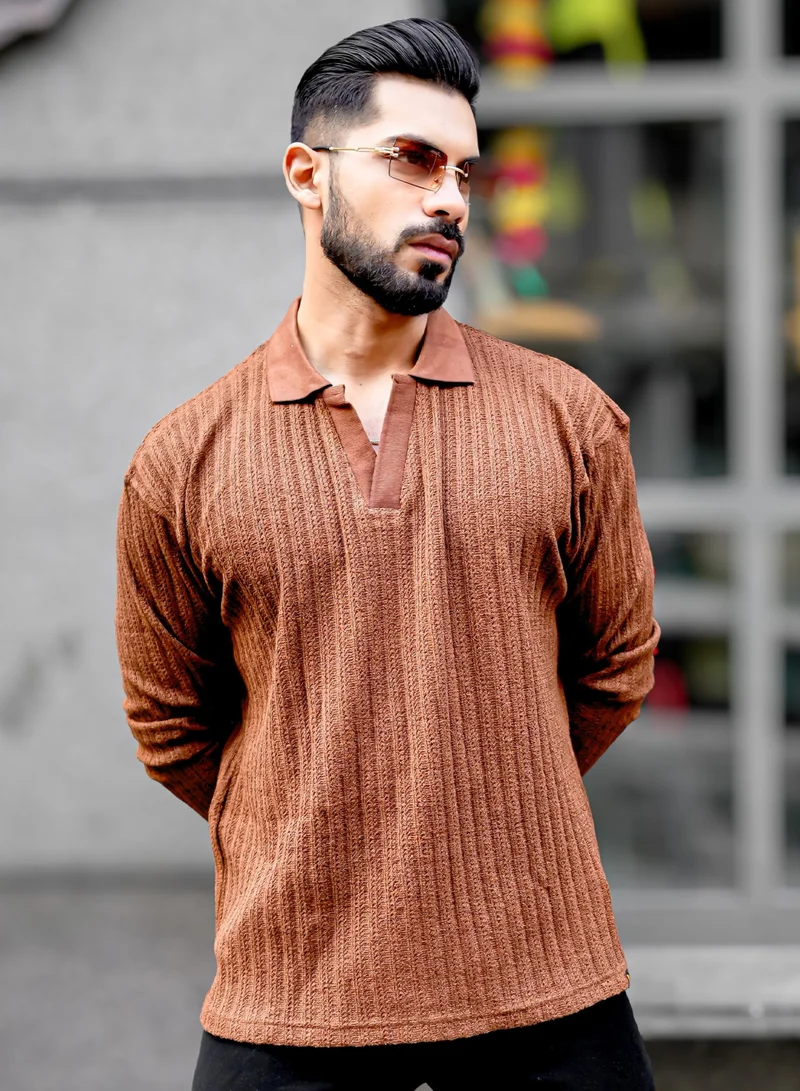 Maniac Maniac Mens Textured Polo V Neck Full Sleeve Brown Cotton Overszied Sweatshirt