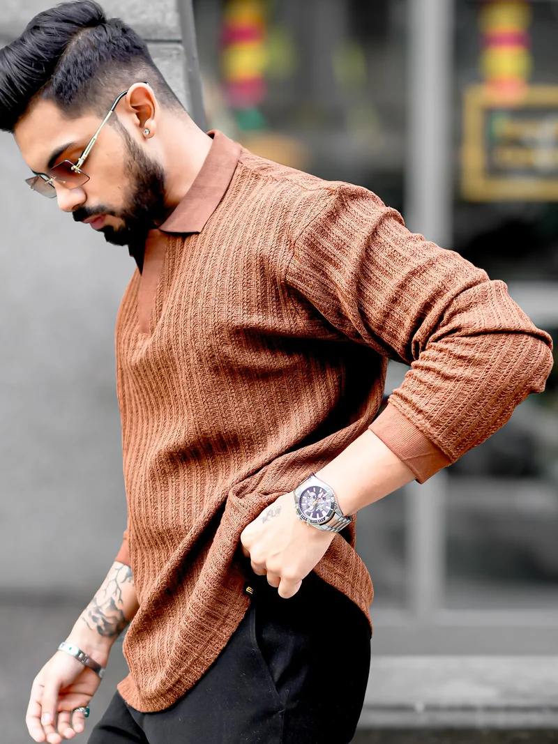 Maniac Maniac Mens Textured Polo V Neck Full Sleeve Brown Cotton Overszied Sweatshirt