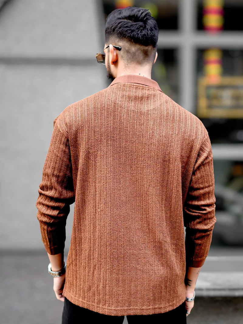 Maniac Maniac Mens Textured Polo V Neck Full Sleeve Brown Cotton Overszied Sweatshirt