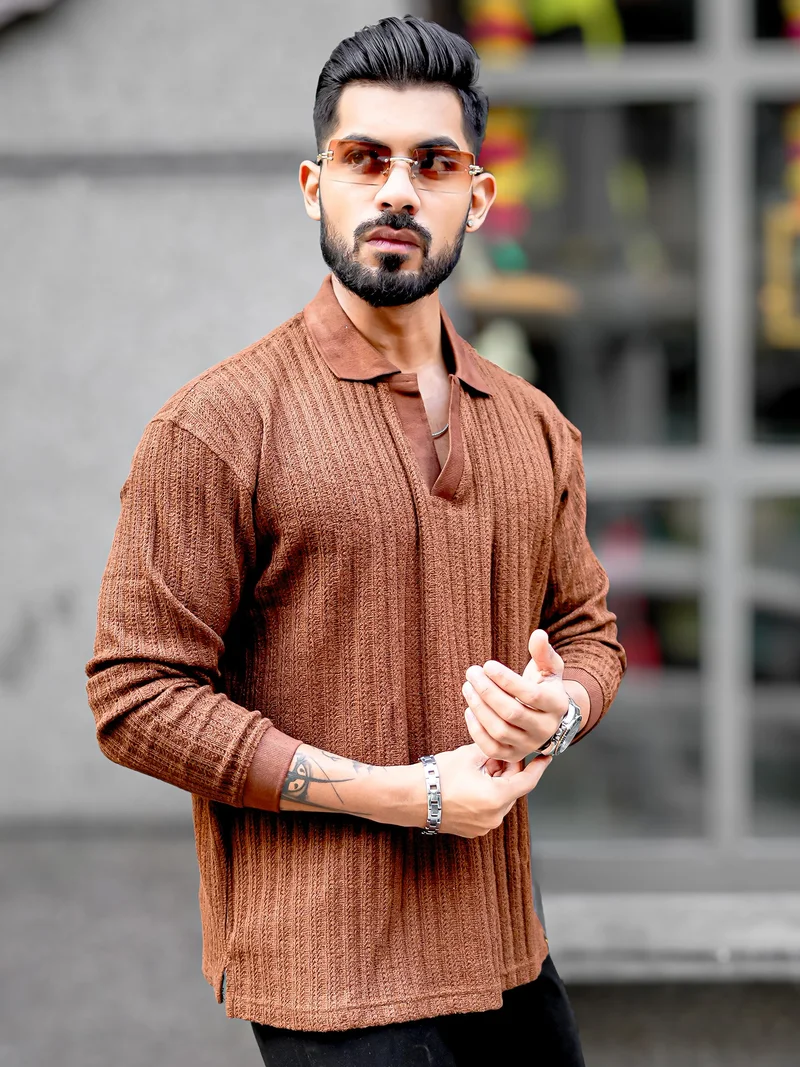Maniac Maniac Mens Textured Polo V Neck Full Sleeve Brown Cotton Overszied Sweatshirt