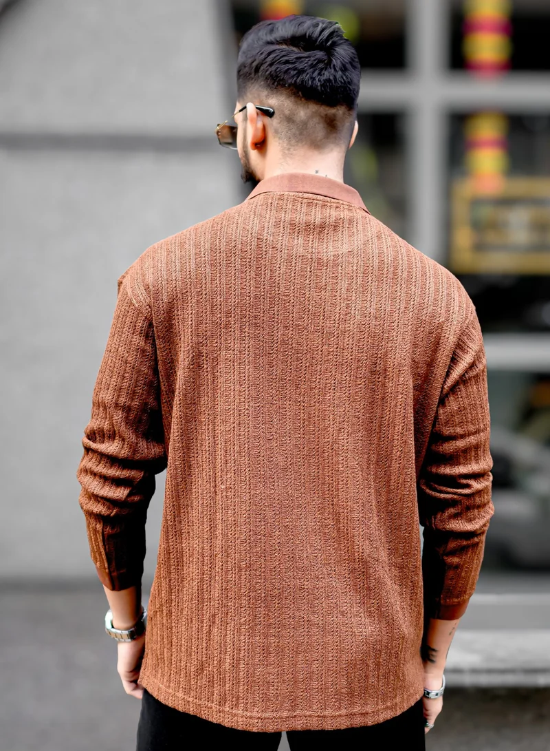 Maniac Maniac Mens Textured Polo V Neck Full Sleeve Brown Cotton Overszied Sweatshirt