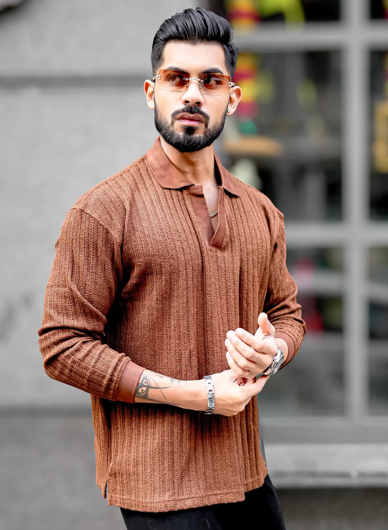 Maniac Maniac Mens Textured Polo V Neck Full Sleeve Brown Cotton Overszied Sweatshirt