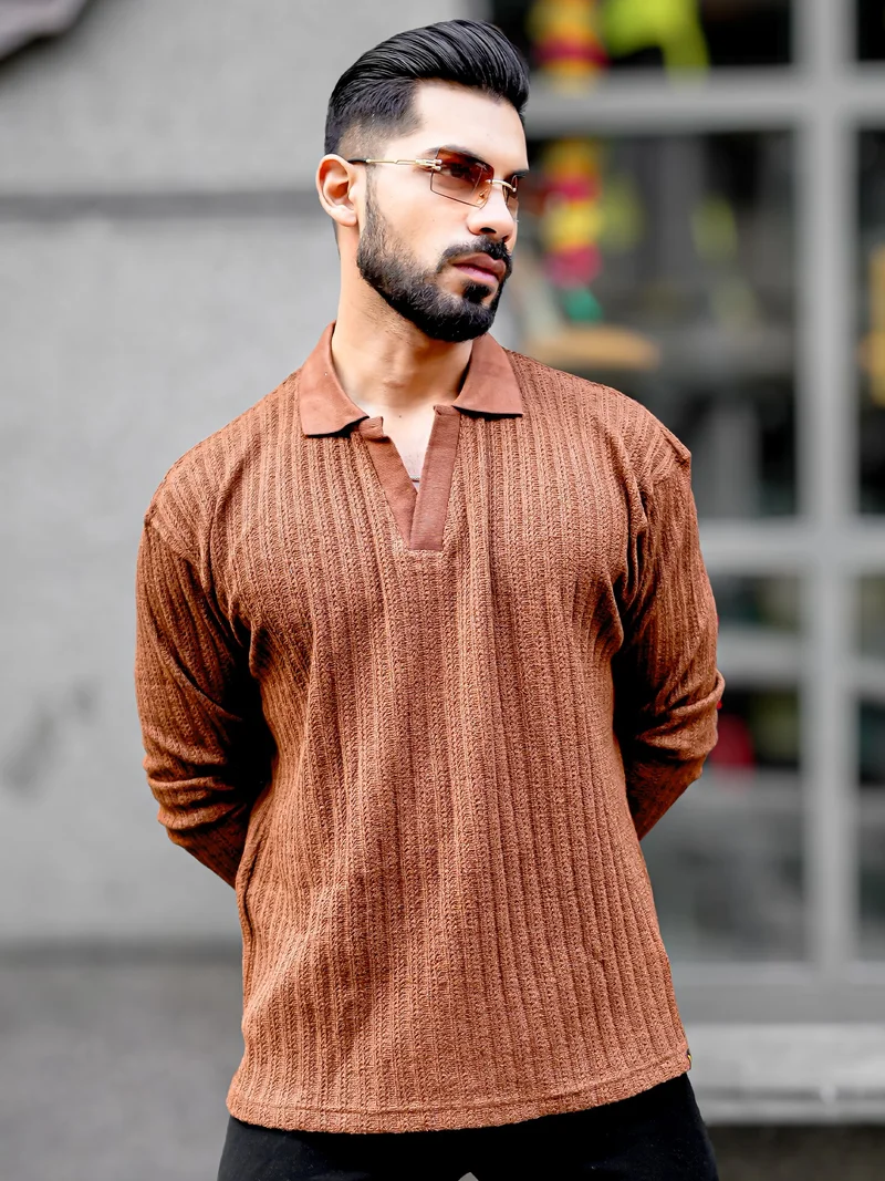 Maniac Maniac Mens Textured Polo V Neck Full Sleeve Brown Cotton Overszied Sweatshirt