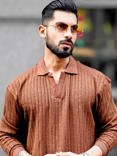 Maniac Maniac Mens Textured Polo V Neck Full Sleeve Brown Cotton Overszied Sweatshirt