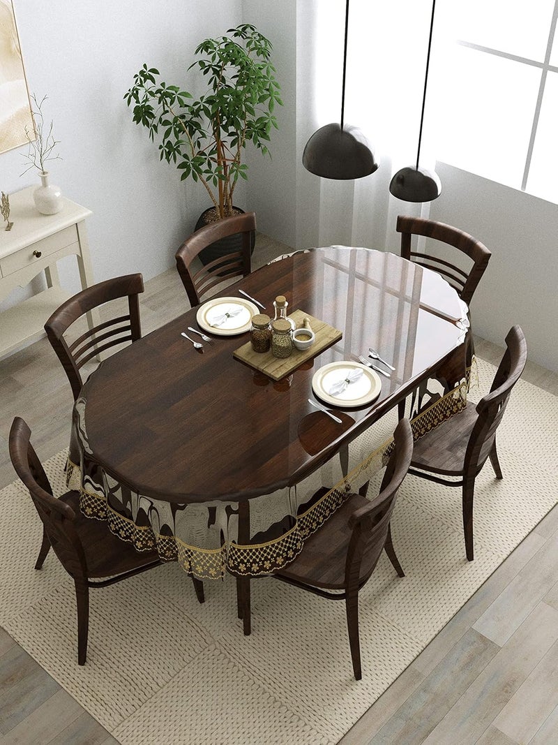 Clasiko غطاء طاولة طعام بيضاوي كلاسيكو من كلوريد البوليفينيل لـ 6 مقاعد؛ 60X90 بوصة أو 152X228 سم؛ مادة - بي في سي؛ مضاد للانزلاق؛ حواف ذهبية مزخرفة - Image 1
