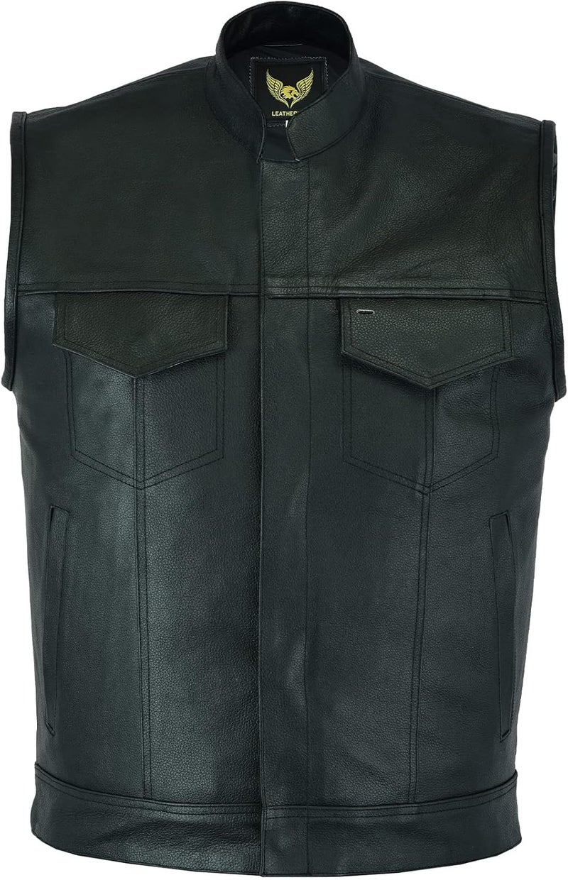 Leatherick Men's SOA Style Distressed Leather Motorcycle Vest with 8 Pockets - Black (With Collar) - XL - Image 2