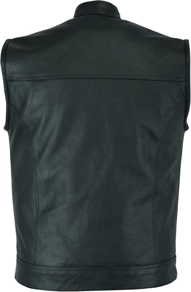 Leatherick Men's SOA Style Distressed Leather Motorcycle Vest with 8 Pockets - Black (With Collar) - XL - Image 3