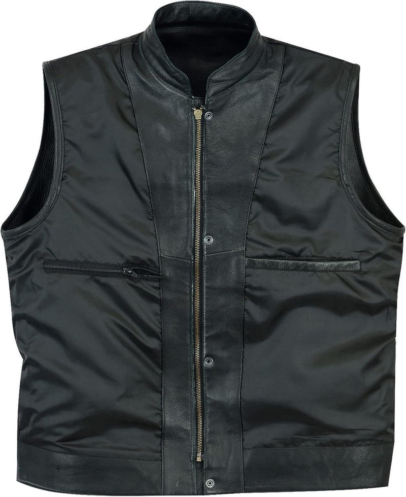Leatherick Men's SOA Style Distressed Leather Motorcycle Vest with 8 Pockets - Black (With Collar) - XL - Image 4