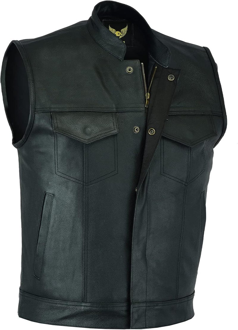 Leatherick Men's SOA Style Distressed Leather Motorcycle Vest with 8 Pockets - Black (With Collar) - XL - Image 1