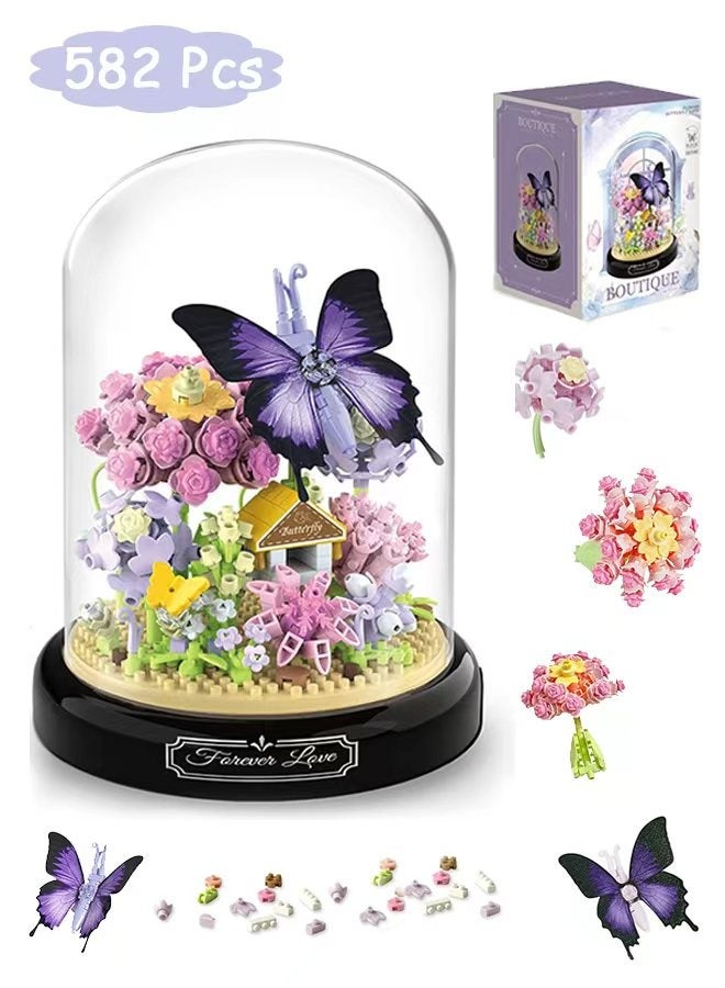 Flower Bouquet Building Kit for Adults - 582 PCS Butterfly Flowers Botanical Collection Mini Building Block Kit with Dust Cover, Flower Bouquet Building Kit Gift for Mom Lover Women