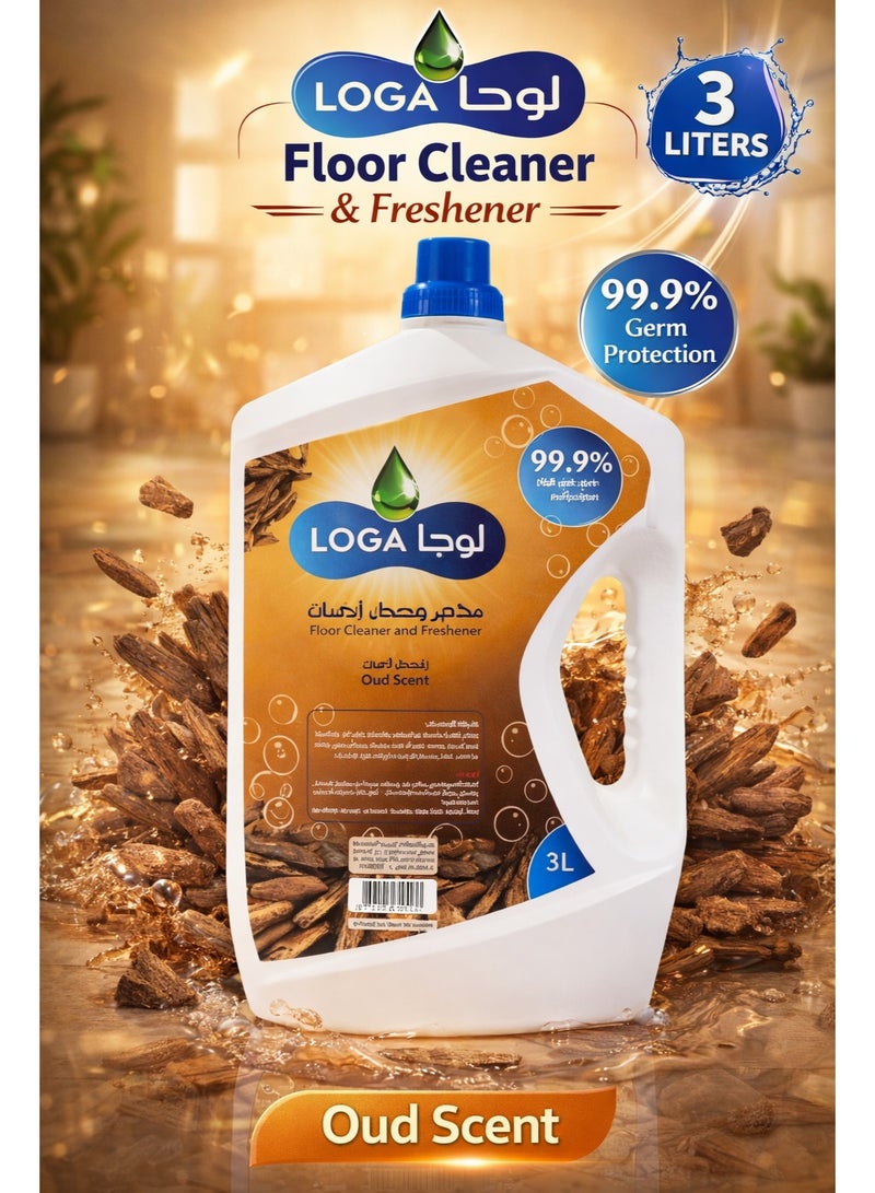 LOGA Floor Cleaner & Freshener 3 Liters – Oud Scent, 99.9% Germ Protection, Multi-Surface Cleaning Liquid for Home & Office