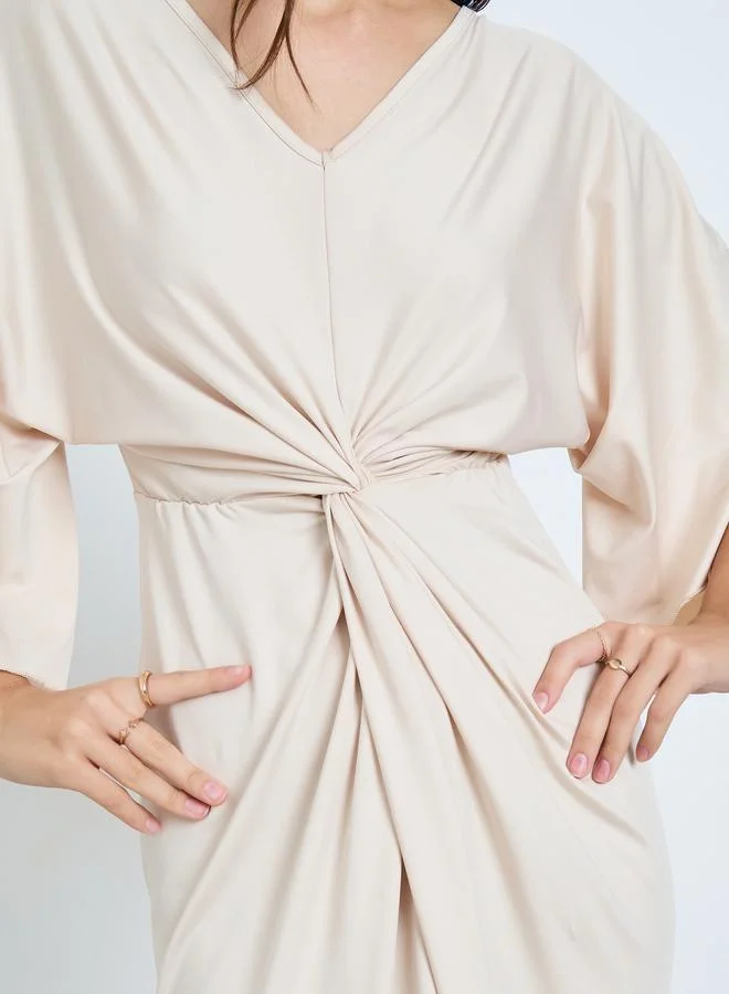 Take Two light beige Beige Pleated Detail Midi Dress for Women | Best Price UAE