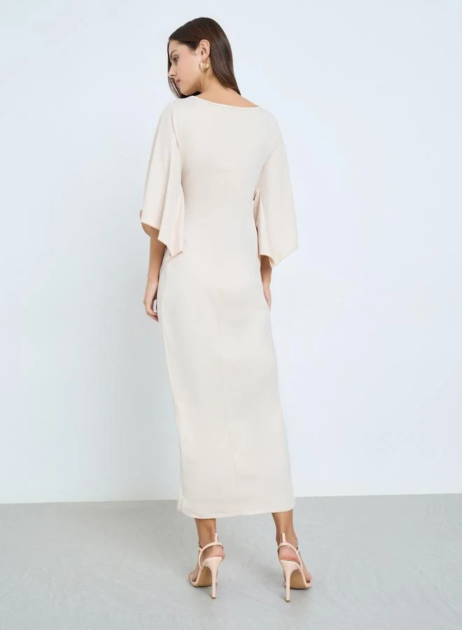 Take Two light beige Beige Pleated Detail Midi Dress for Women | Best Price UAE