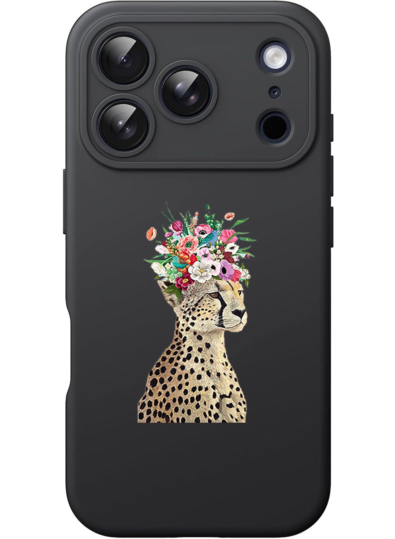 Theodor Protective Slim Fit Case Liquid Silicone Cover with Full Body Protection Anti-Scratch Shockproof Case For Apple iPhone 17 Pro (Black) Cheetah Flower - Image 1