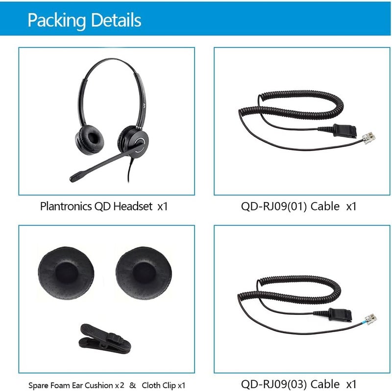 VT سماعة رأس ميكروفون هاتفية مع خاصية إلغاء الضوضاء QD - سماعة مركز الاتصال مع كابلات RJ09 متوافقة مع هواتف Polycom و Yealink و Grandstream و Snom و Fanvil و Mitel (ثنائية الأذن) - Image 4