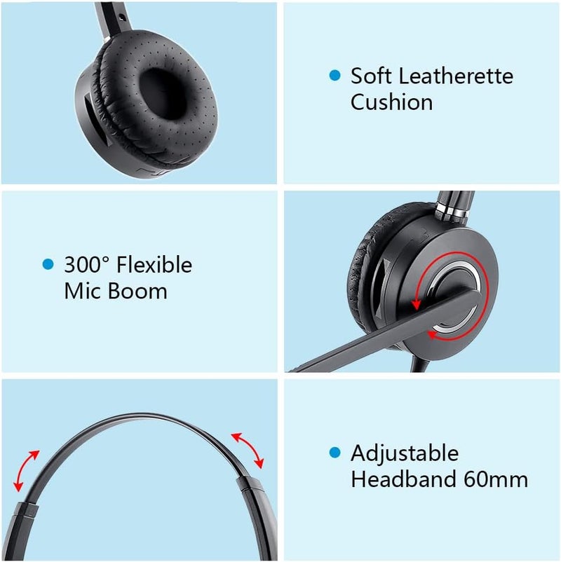 VT سماعة رأس ميكروفون هاتفية مع خاصية إلغاء الضوضاء QD - سماعة مركز الاتصال مع كابلات RJ09 متوافقة مع هواتف Polycom و Yealink و Grandstream و Snom و Fanvil و Mitel (ثنائية الأذن) - Image 3