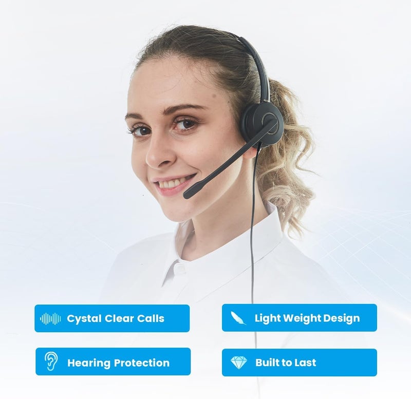 VT سماعة رأس ميكروفون هاتفية مع خاصية إلغاء الضوضاء QD - سماعة مركز الاتصال مع كابلات RJ09 متوافقة مع هواتف Polycom و Yealink و Grandstream و Snom و Fanvil و Mitel (ثنائية الأذن) - Image 2